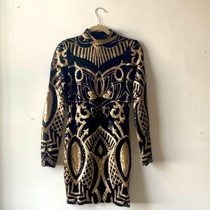 Banjul • Size Med• Black & Gold Mini Dress